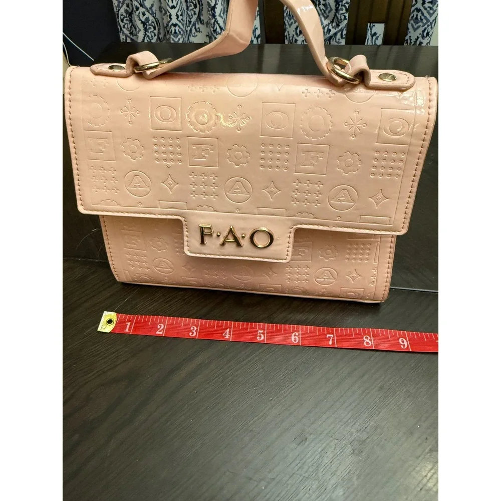 FAO Schwarz Pink Patent Embossed Monogram Top Handle Handbag Gold Logo Bag